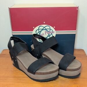 Hokus Pokus Jenny Platform Sandals Black Tan 3" Wedge Summer Women's Size 8.5